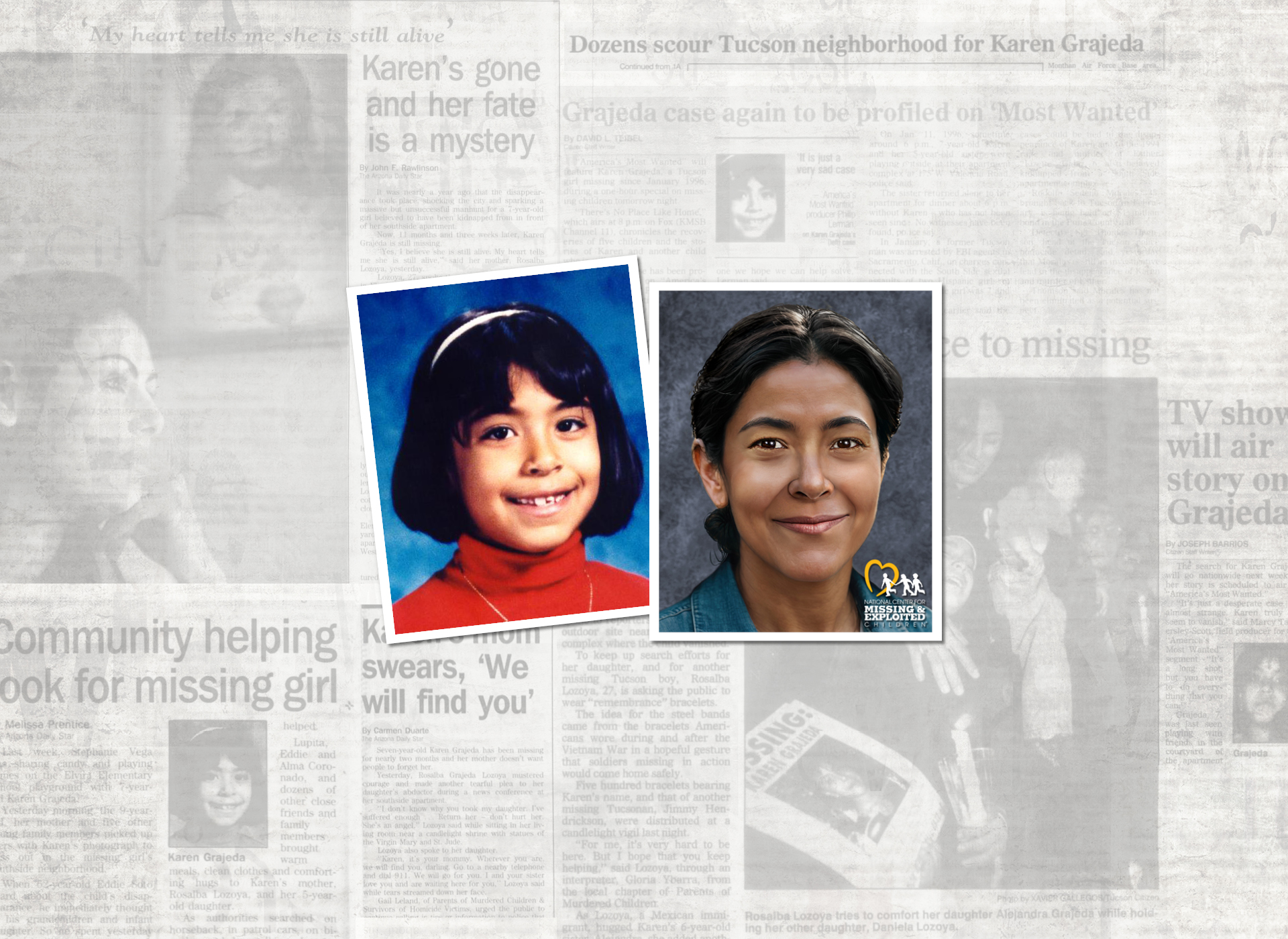 background of faded newspaper clippings; foreground two color photos: one of karen with short dark hair smiling and in a red top as a child; right is her age progression