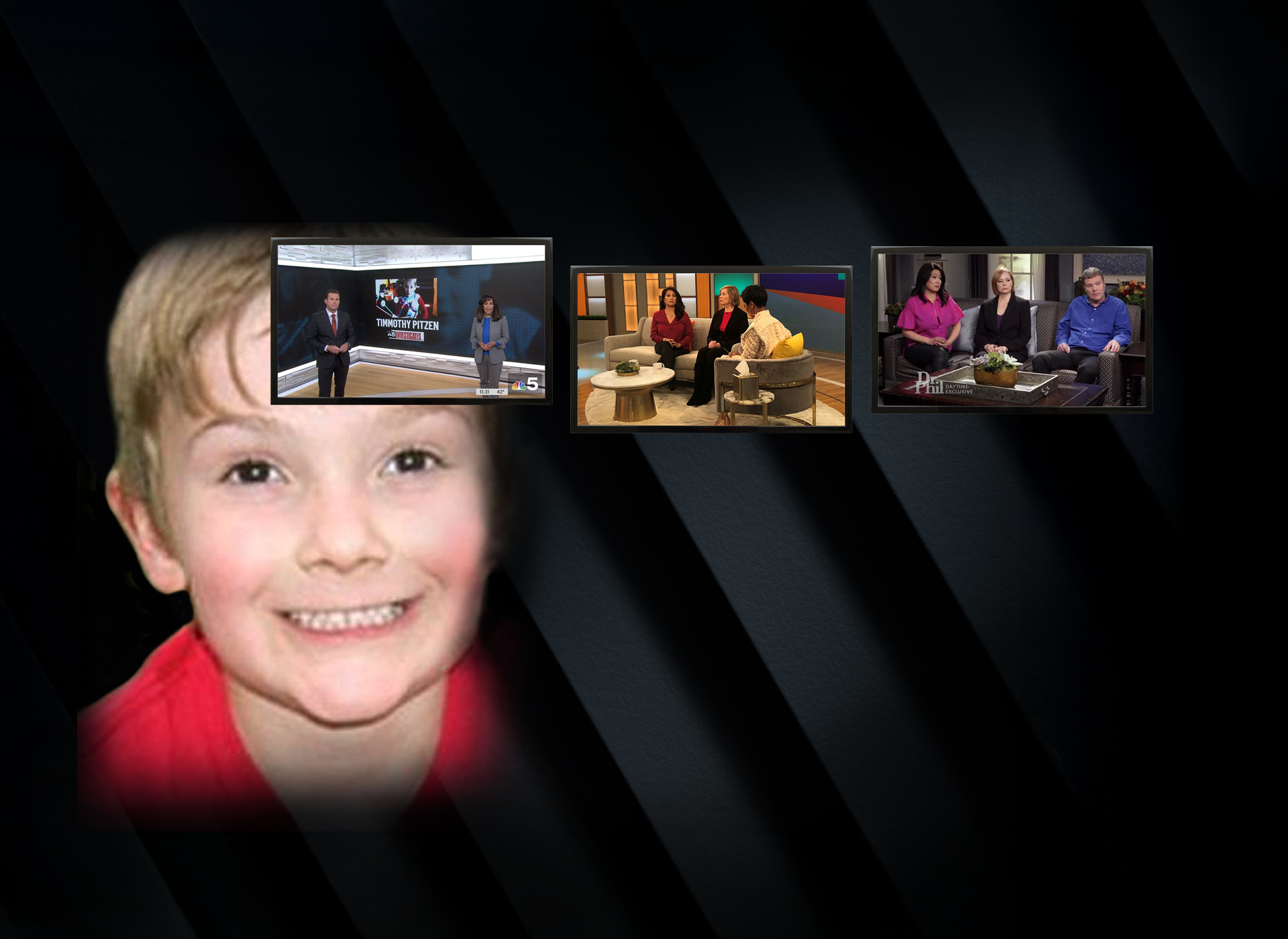 background image of little boy, white with blonde hair; three images in foreground of family giving media interviews
