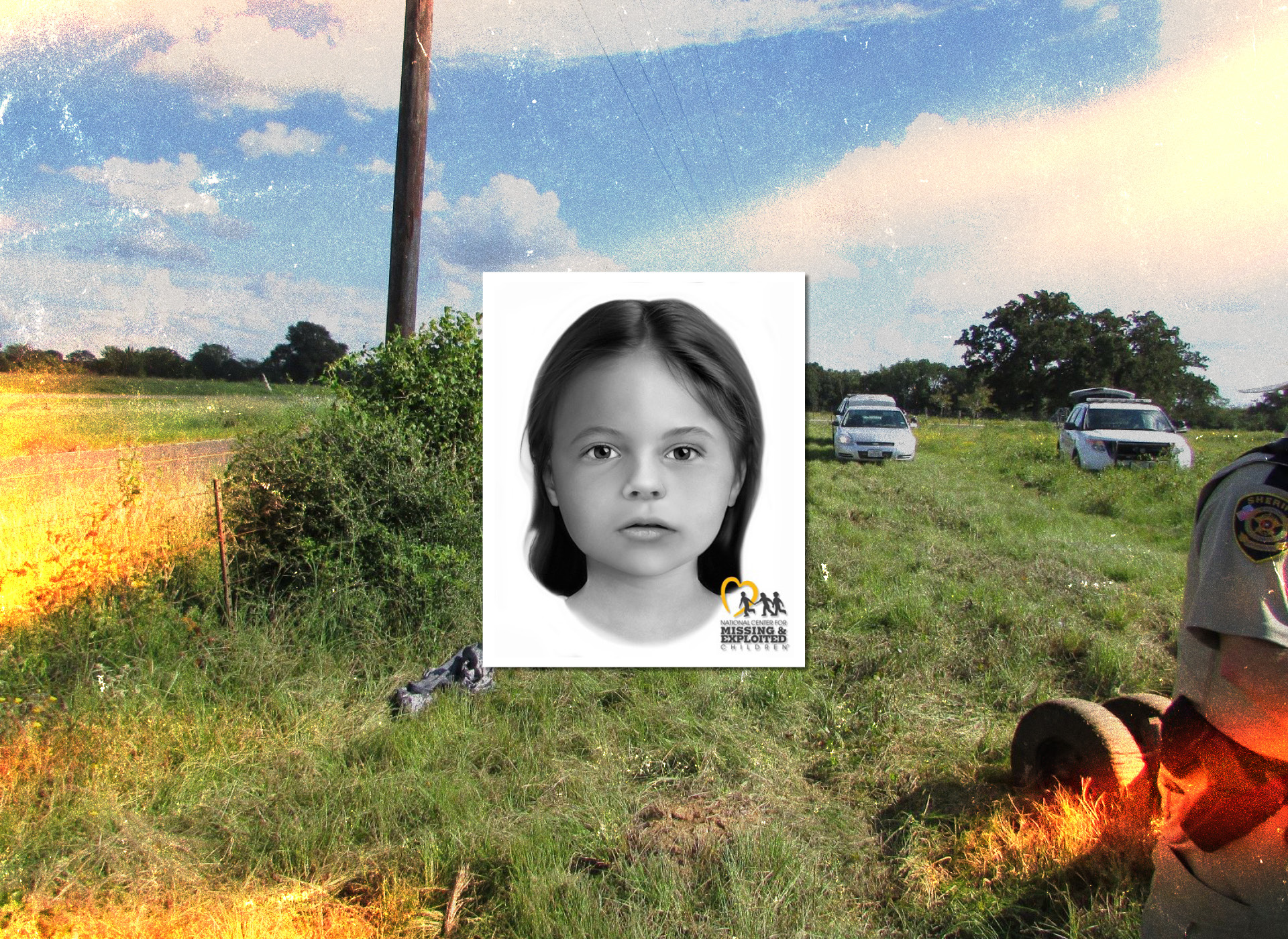 black and white image of female toddler, background of a field