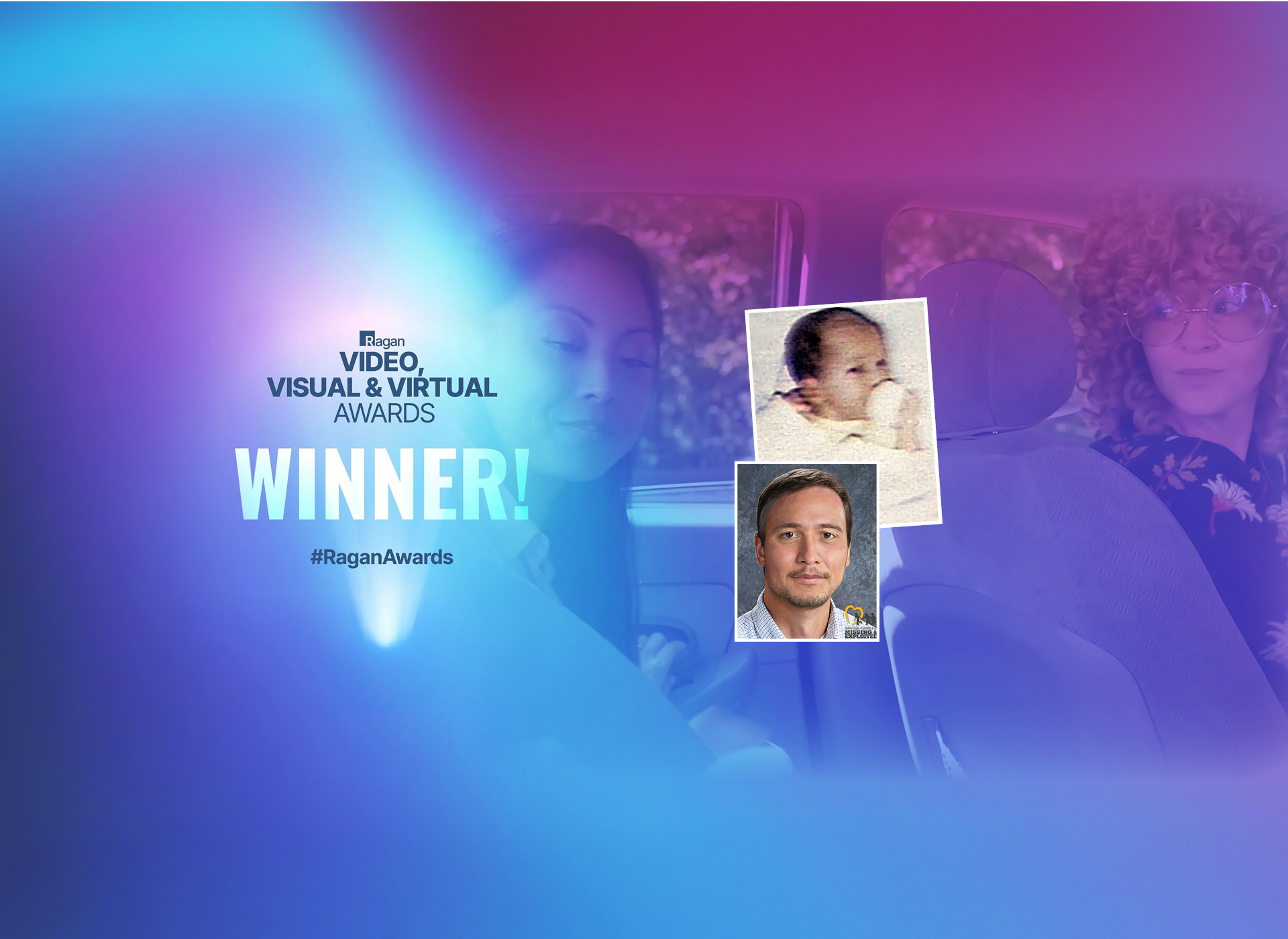 blue background with "winner" and two photos -- kevin as a baby and kevin's age progression