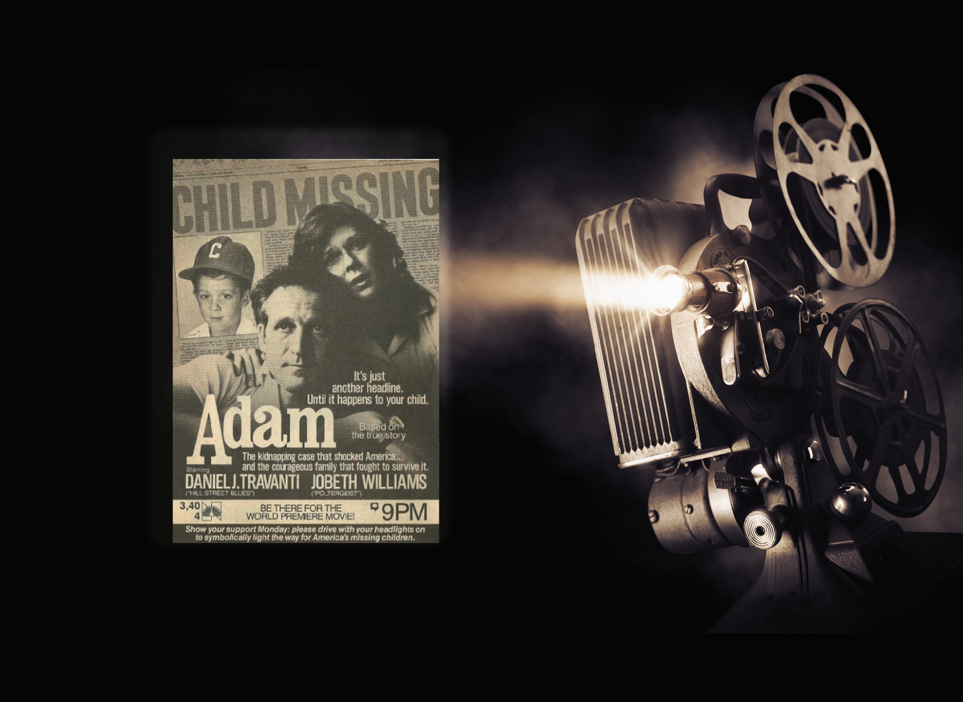 black and white movie poster of "adam" next to a projector