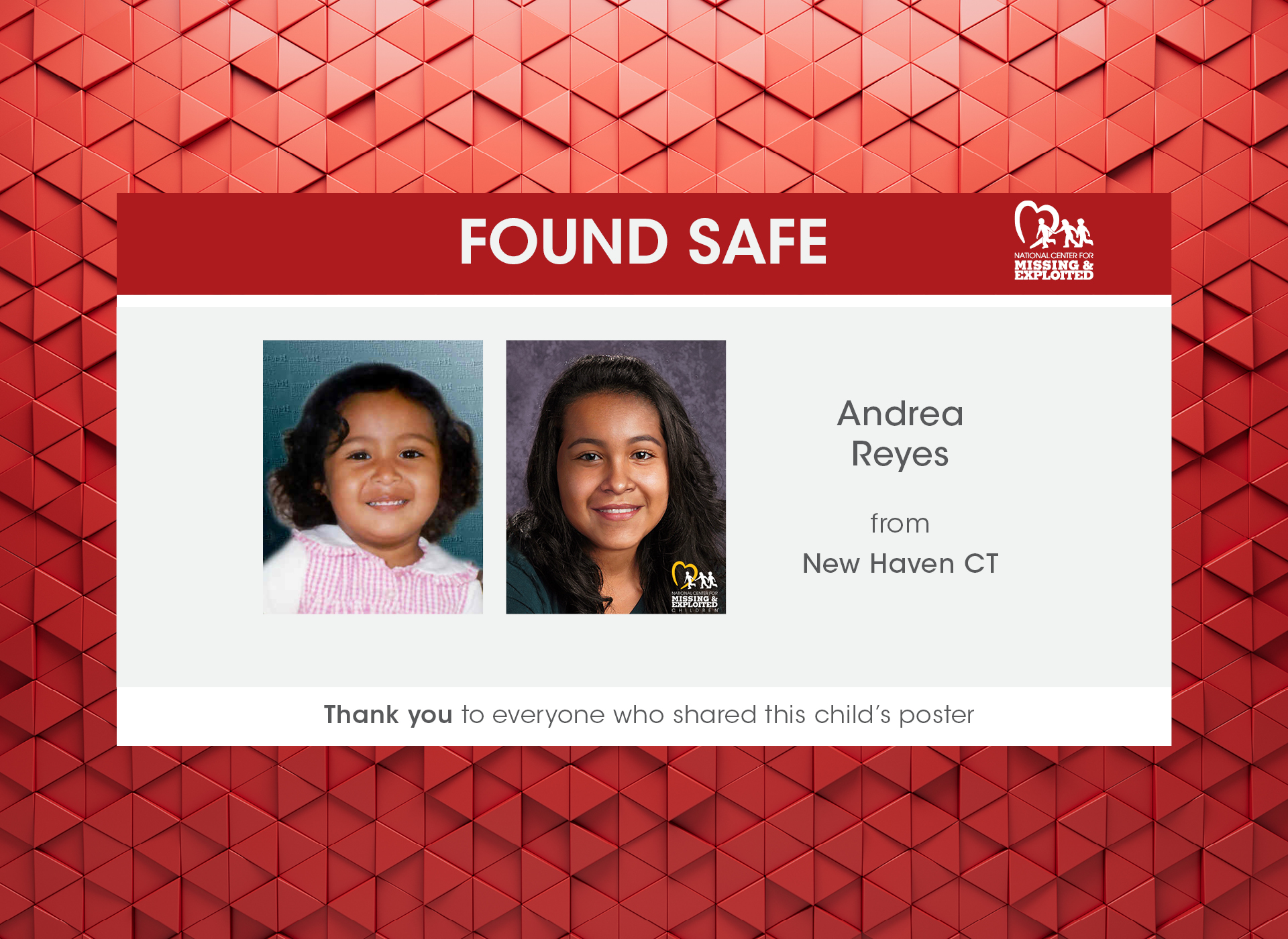 andrea reyes missing poster and age progression with "found safe" written above