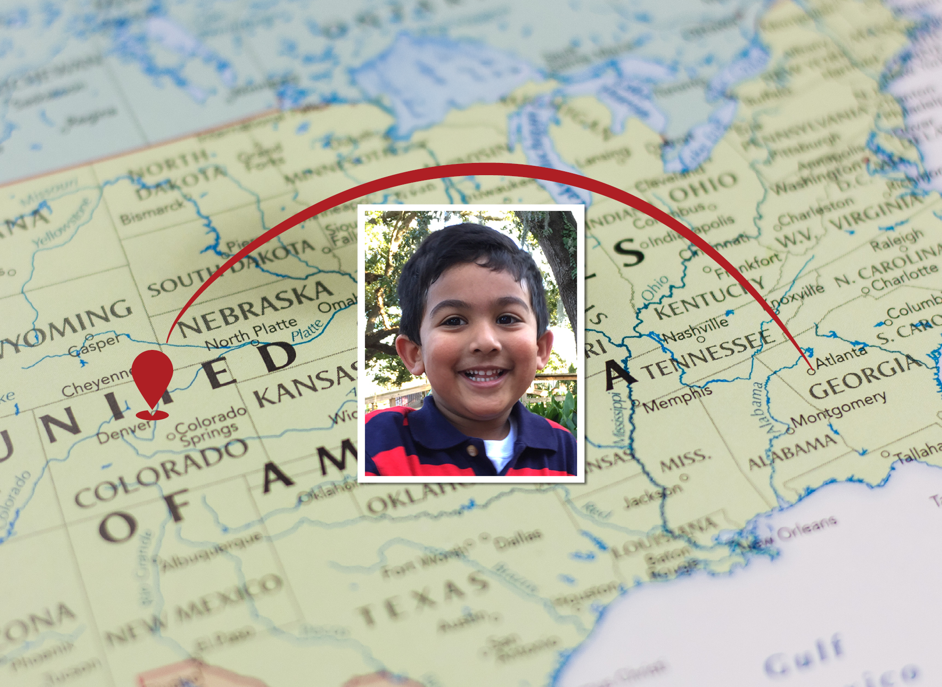 photo of aziz as a child with map of US in the background