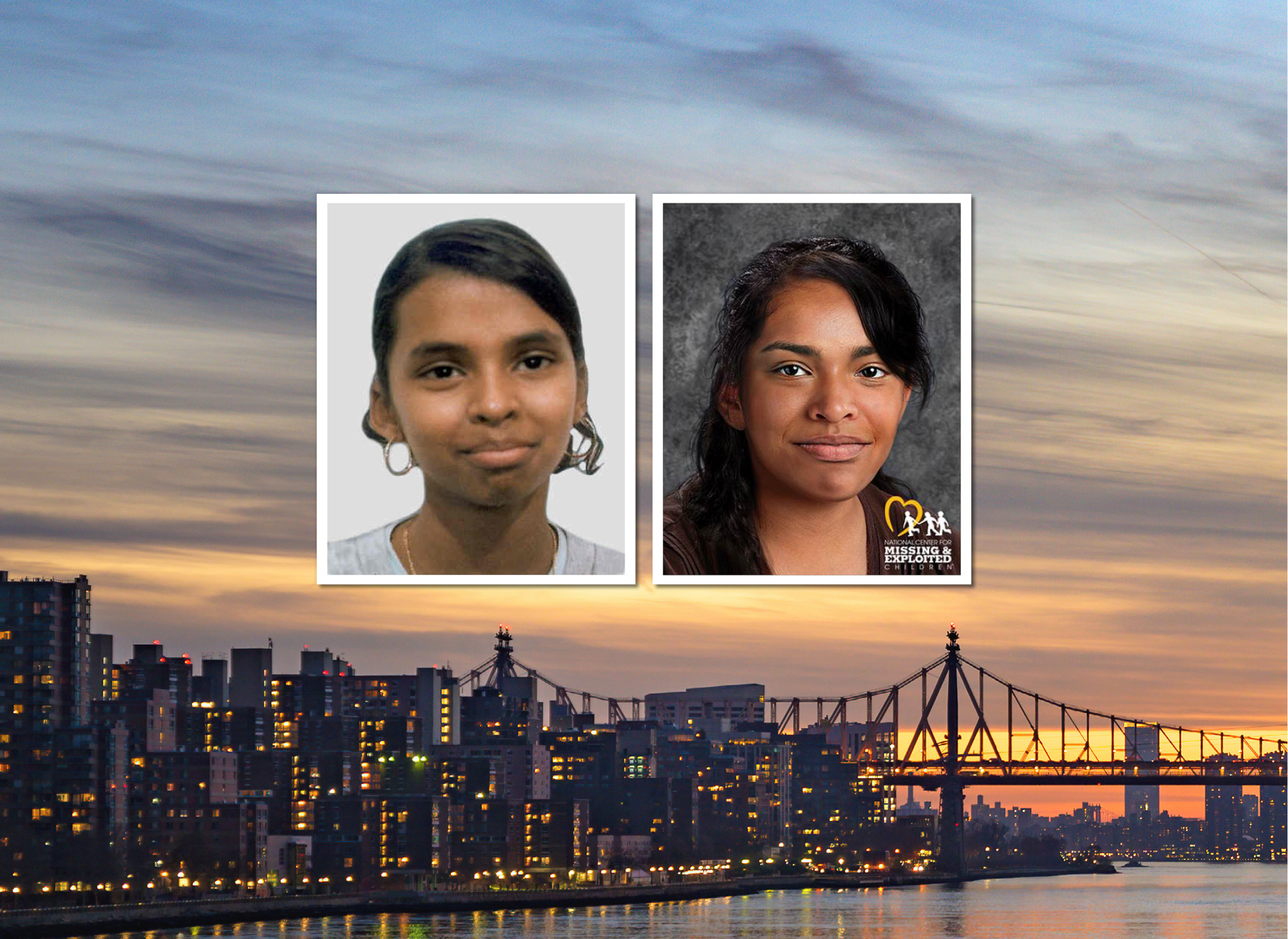 image of 13-year-old deniese next to age progression at 38 years old, brown skinned girl with black hair, smiling with mouth closed; background image of nyc skyline