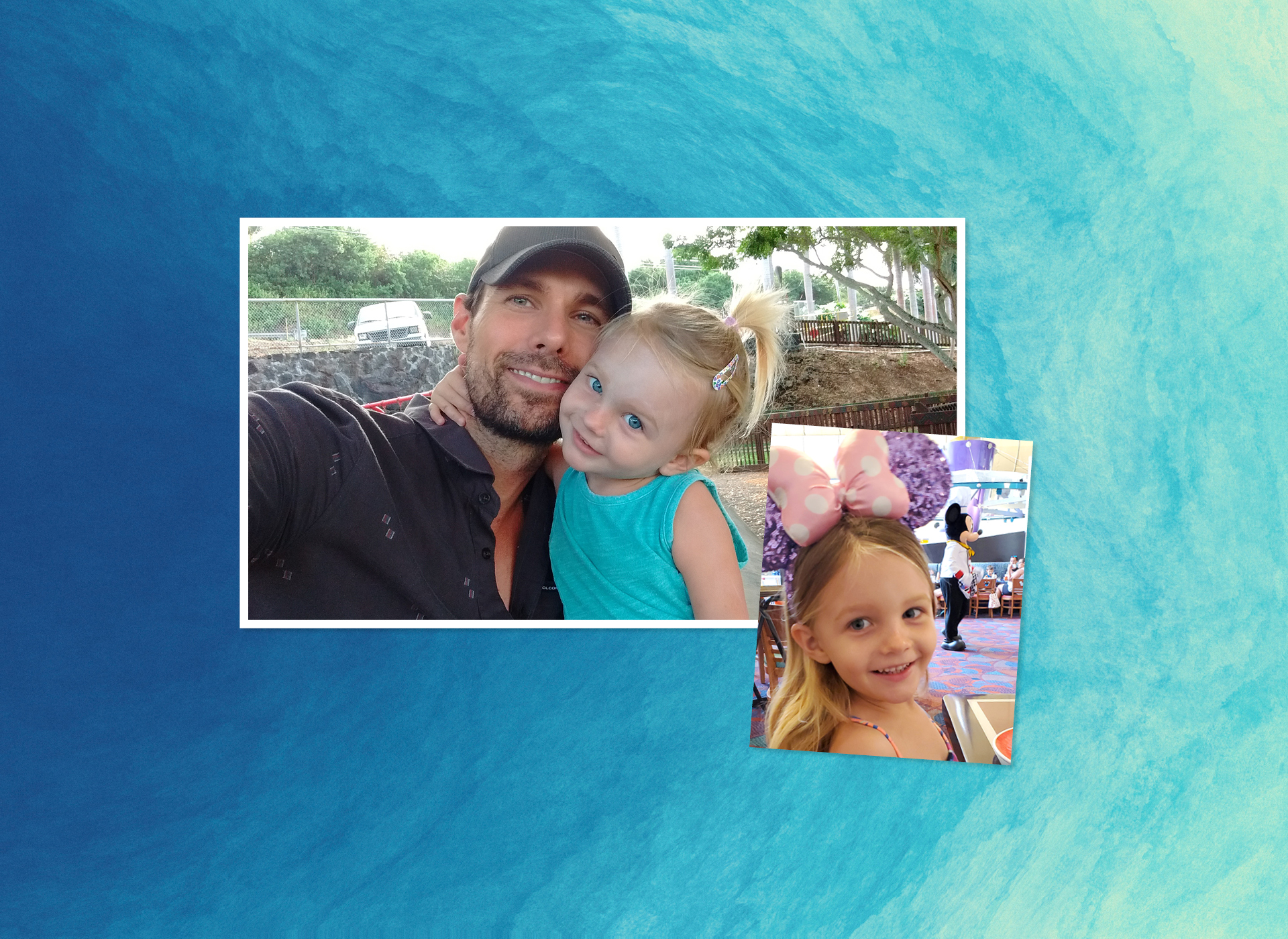 collage of two pictures: left, solenne and her dad smile with their arms around each other; right, solenne smiling wearing mickey mouse ears; background is blue and teal